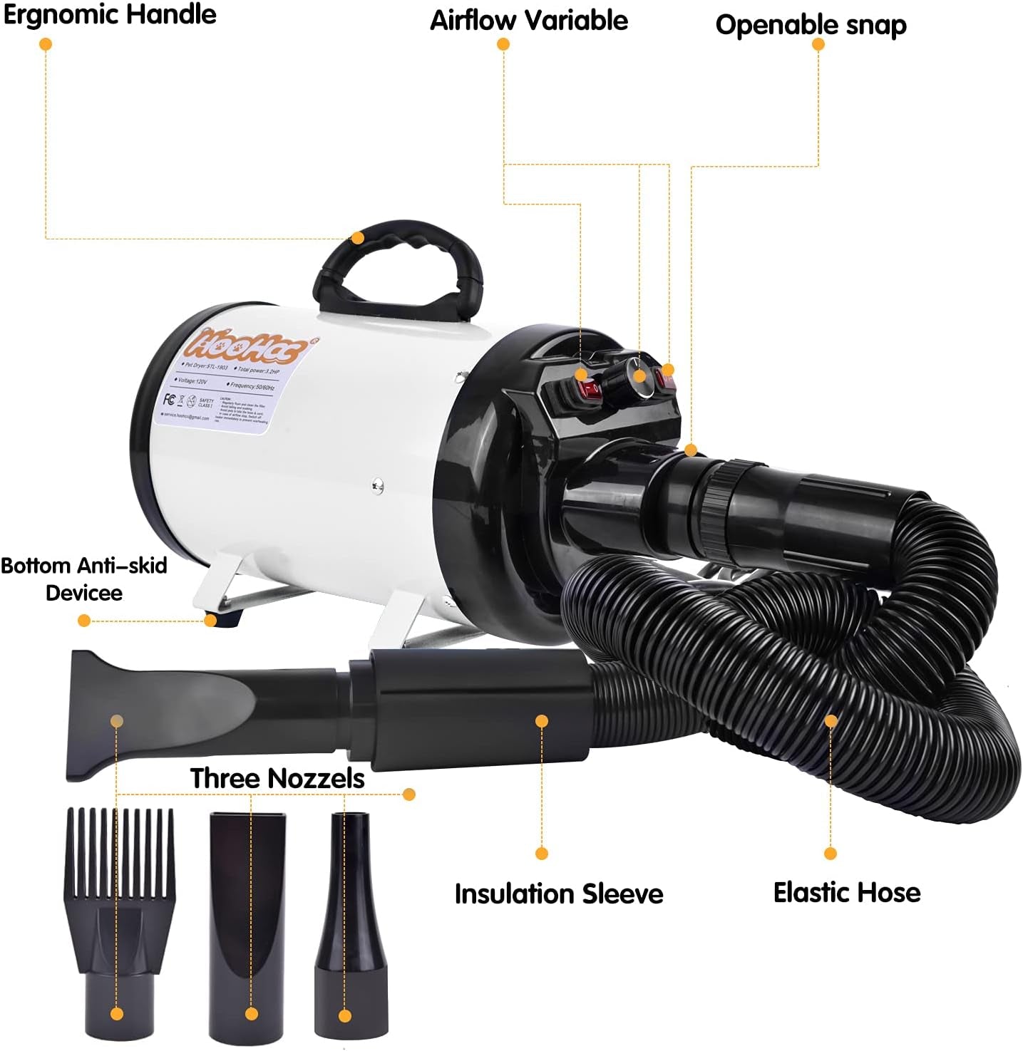 Dog Dryer, High Velocity Dog Hair Dryer, Dog Blow Dryer - Groomer Partner Pet Blower Grooming Force Dryer with Heater, Stepless Adjustable Speed, 4 Different Nozzles, Comb & Pet Grooming Glove (White)