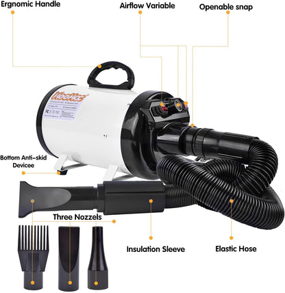 Dog Dryer, High Velocity Dog Hair Dryer, Dog Blow Dryer - Groomer Partner Pet Blower Grooming Force Dryer with Heater, Stepless Adjustable Speed, 4 Different Nozzles, Comb & Pet Grooming Glove (White)