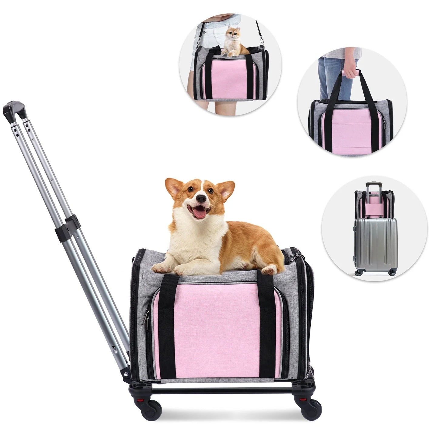 Rolling Pet Carrier with Wheels, Foldable Airline Approved Dog Carriers for Small Dogs and Cats, Cat Carrier on Wheels, Pet Travel Carrier for Flight Camping Outdoor