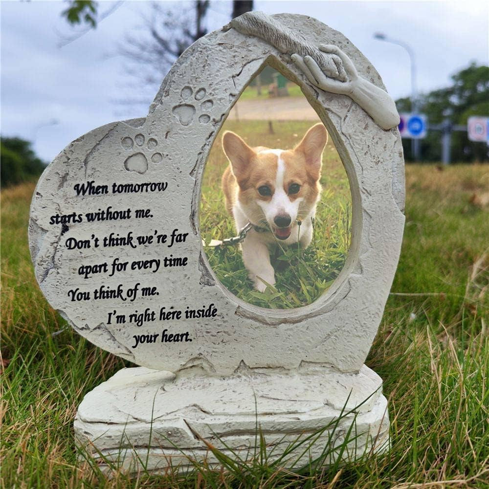 Heart Shaped Pet Dog Memorial Stones with Photo Frame, Pet Dog Garden Stones Grave Markers Headstones Sympaty Memorial Gifts Loss Gifts Outdoor or Indoor