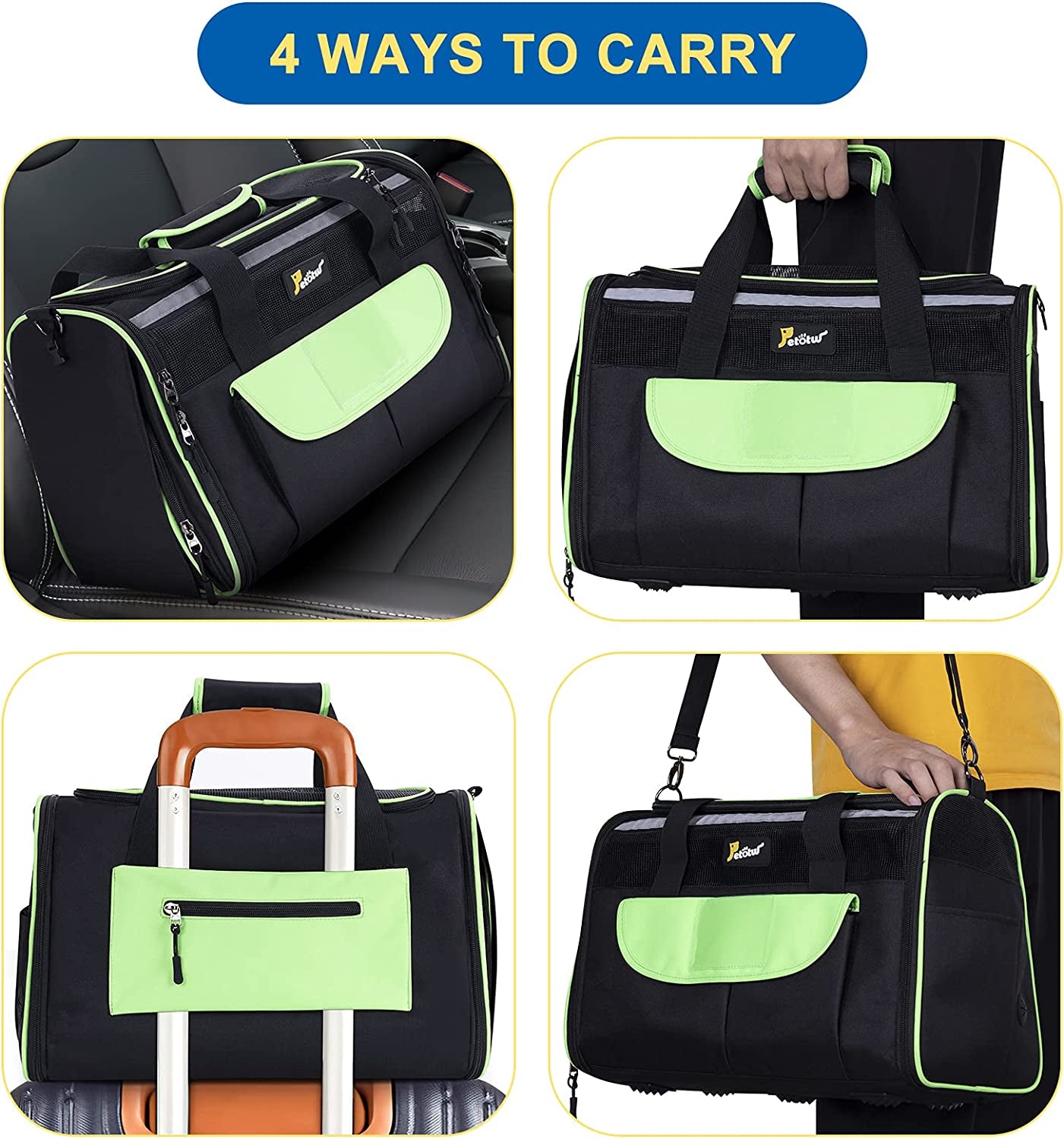 Pet Carrier for Small Dogs, Dog Carrier, Cat Kennel, Airline Approved Dog Cat Pet Travel Carrier, Soft- Sided Pet Travel Carrier for Cats Dogs, Portable Foldable Pet Bag Green and Black