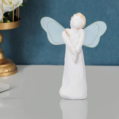 Small Standing Angel Resin Figurine Shying Angel Hand-Painted Figure Sculpted Wings Angel Statue, 5.1”H