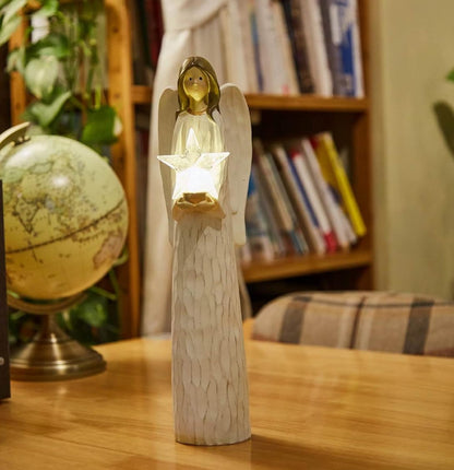 Christmas Angels Figurines Holding LED Light Crystal Star, Light up Angel Statues and Figurines for Christmas Table Decor, Holiday, Polyresin 13.7 Inch