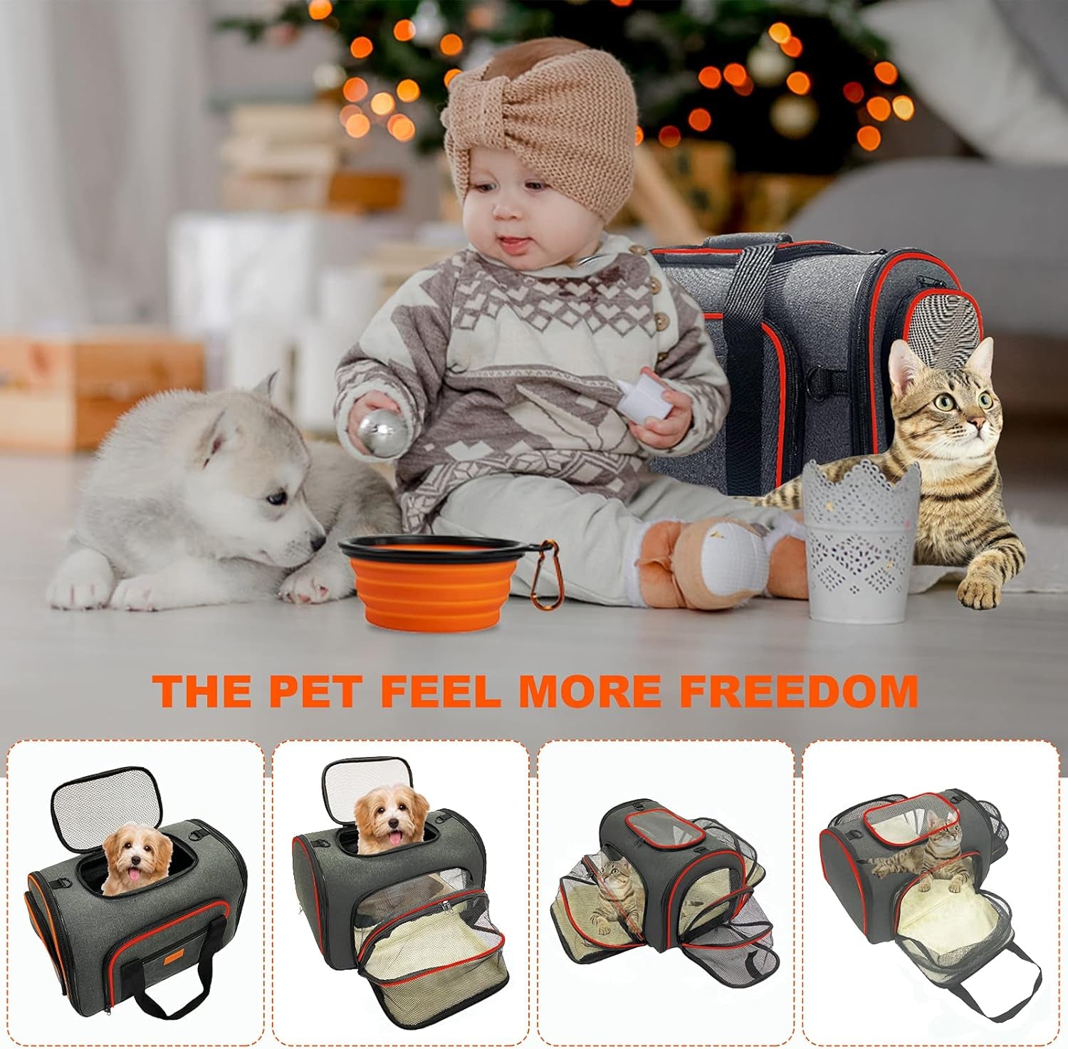 Pet Carrier TSA Approved, Cat Carrier Airline Approved Foldable Bag, Soft Travel Carrier for Dog Puppy with 3-Sides Expandable, Removable Fleece Pad, Foldable Bowl