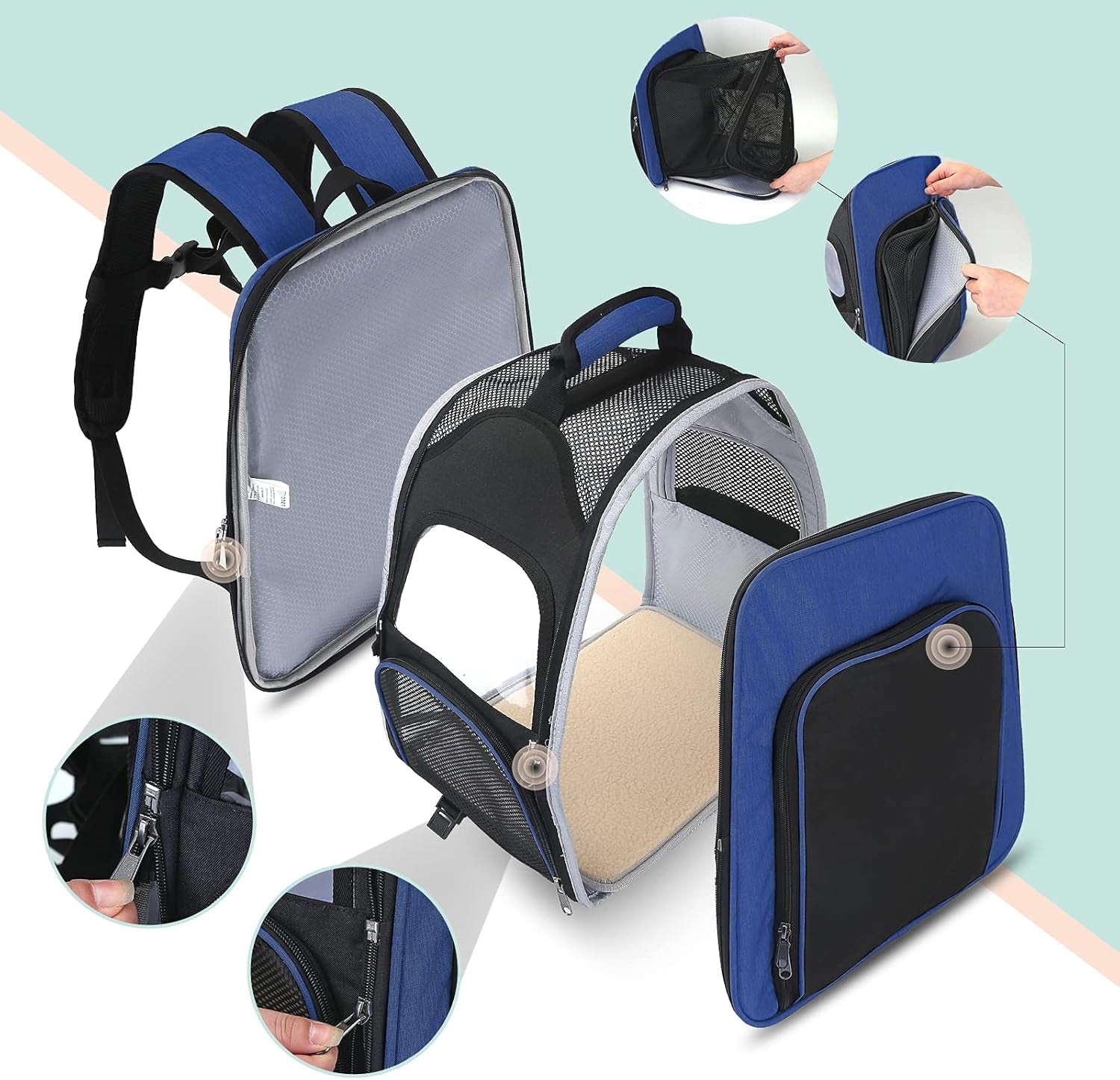Pet Carrier Backpack, Airline Approved Cat Backpack, Carrier with Safety Strap and Zipper Buckle, Expandable with Breathable Mesh for Rabbits Puppies, Hold up to 20 Lbs