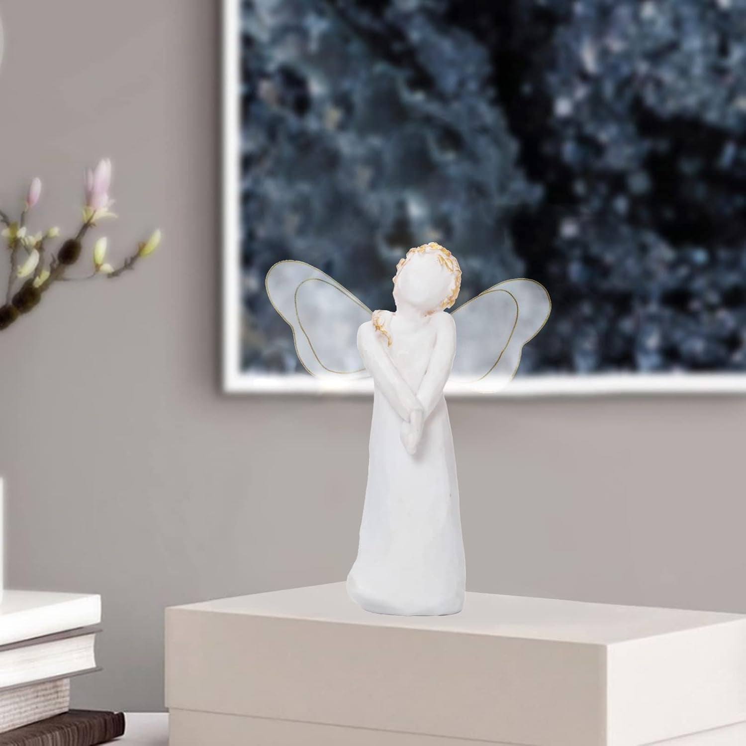 Small Standing Angel Resin Figurine Shying Angel Hand-Painted Figure Sculpted Wings Angel Statue, 5.1”H