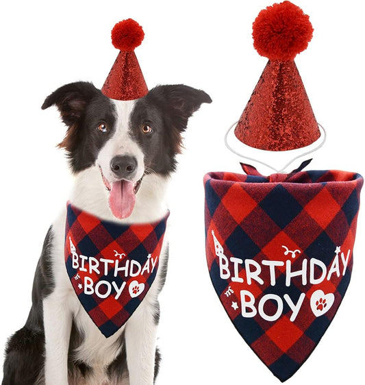 Dog Birthday Boy Bandana and Hat Set “Birthday Boy” Print Plaid Dogs Party Supplies Triangle Scarf Bibs for Small Medium Large Pets Red