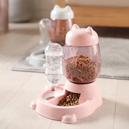 Automatic Dog Cat Feeder and Water Dispenser, Gravity Feeder Waterer, with Pet Food Bowl for Small Medium Puppy Kitten, Pink