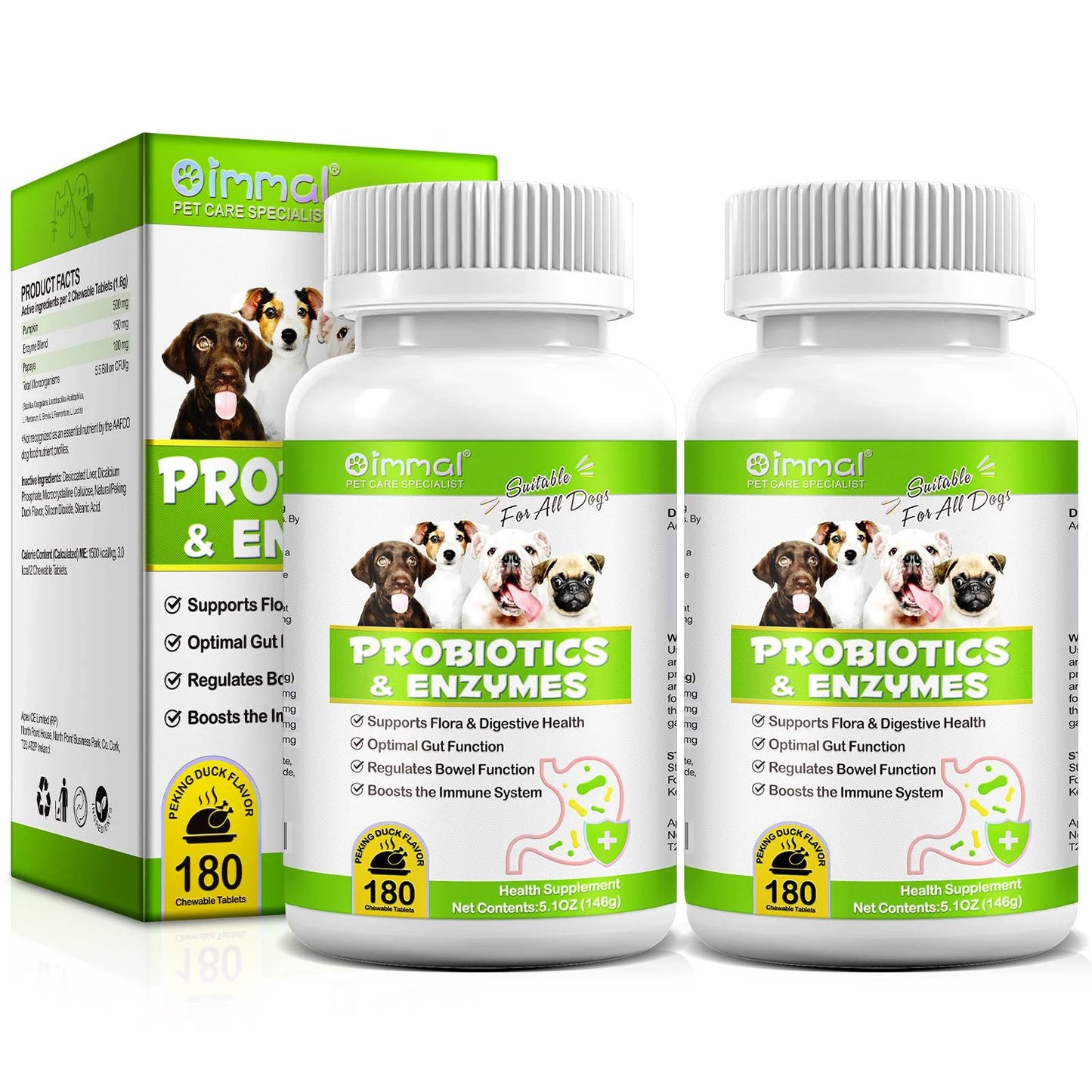 Probiotics with Enzymes Chewable Tablets for Dogs, 180P*2 Peking Duck Flavor - Supports Flora & Digestive Health | Relief from Constipation, Allergies - Digestive and Immune Support