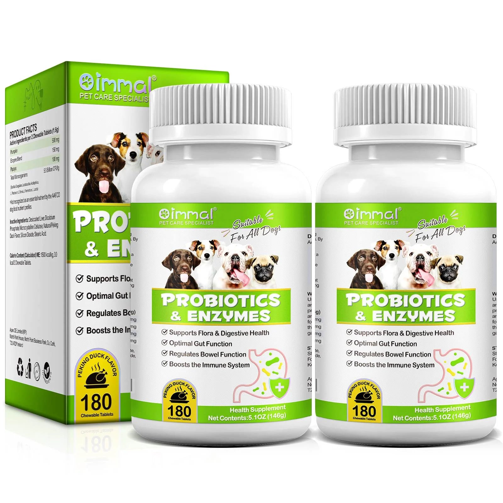 Probiotics with Enzymes Chewable Tablets for Dogs, 180P*2 Peking Duck Flavor - Supports Flora & Digestive Health | Relief from Constipation, Allergies - Digestive and Immune Support
