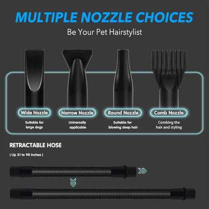 Dog-Hair-Dryer, 5.2HP/ 3800W High Velocity Pet Blow Dryer with Heater for Grooming, Speed Temperature Adjustable Dog Blower Grooming Dryer with 4 Nozzles