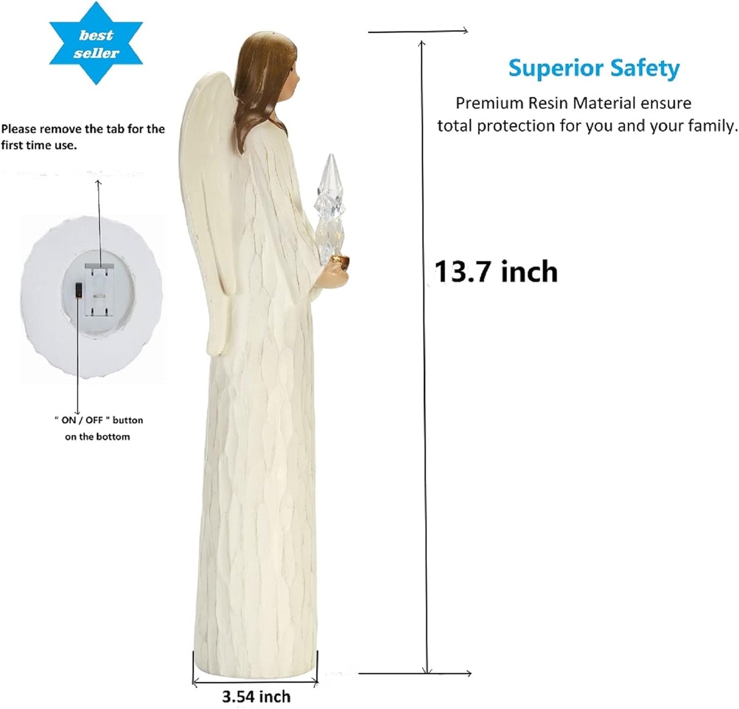 Christmas Angels Figurines Holding LED Light Crystal Star, Light up Angel Statues and Figurines for Christmas Table Decor, Holiday, Polyresin 13.7 Inch