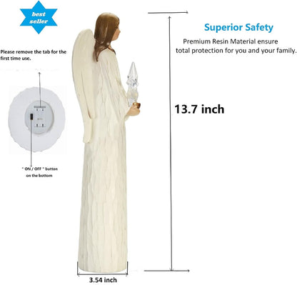 Christmas Angels Figurines Holding LED Light Crystal Star, Light up Angel Statues and Figurines for Christmas Table Decor, Holiday, Polyresin 13.7 Inch