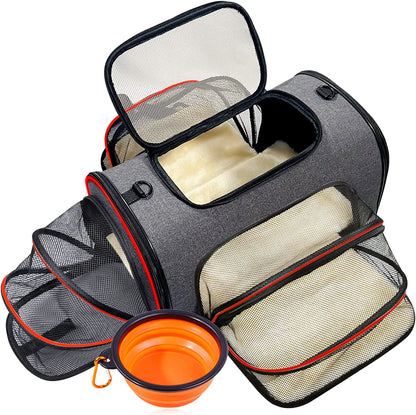Pet Carrier TSA Approved, Cat Carrier Airline Approved Foldable Bag, Soft Travel Carrier for Dog Puppy with 3-Sides Expandable, Removable Fleece Pad, Foldable Bowl
