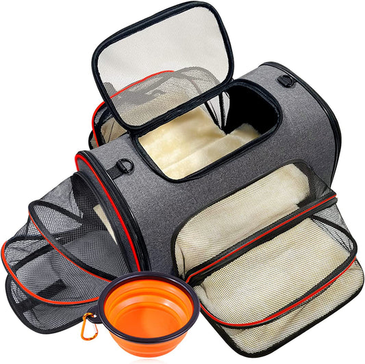 Pet Carrier TSA Approved, Cat Carrier Airline Approved Foldable Bag, Soft Travel Carrier for Dog Puppy with 3-Sides Expandable, Removable Fleece Pad, Foldable Bowl
