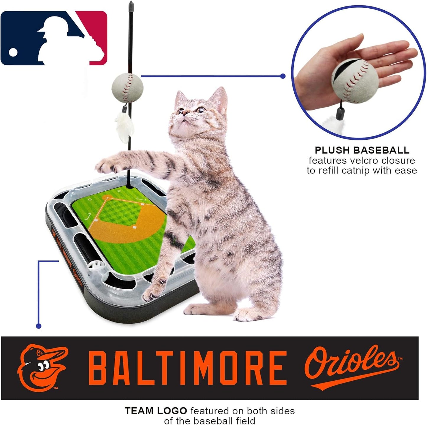Cat Scratching Toy MLB BALTIMORE ORIOLES Baseball Field Cat Scratcher Toy with Interactive Cat Ball Bell in Tracks. 5-In-1 CAT TOY: Cat Wand Poll with CATNIP FILLED Plush Baseball & Feathers.