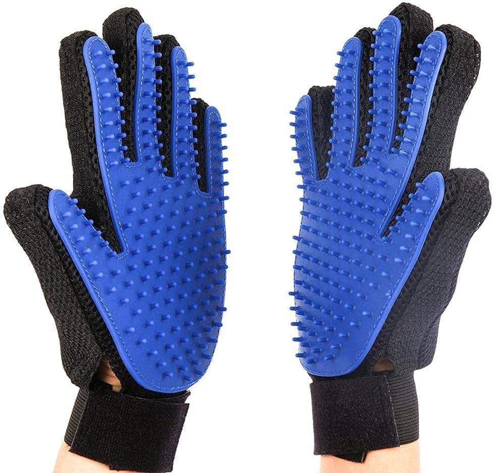 Pet Grooming Gloves - Ultimate Brushing Tools for Cats & Dogs - Better for Hair Removal & Deshedding than Brushes - the Original Five Finger Glove for Short & Long Fur (1 Pair, Blue)