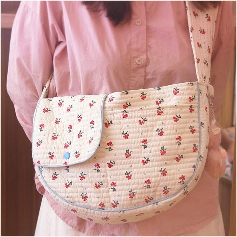 Pet Dog Cat Sling Carrier for Small Medium Dogs Cats Cute Flower Pattern Breathable Cotton Puppy Travel Bag Backpack with Pocket Pet Tote for Outdoor Travel Car Bag White