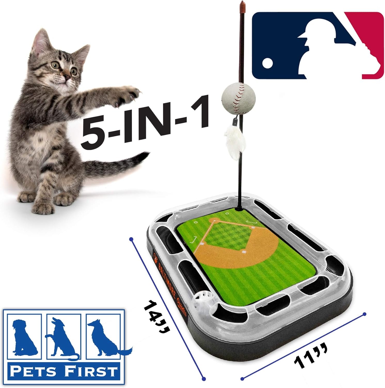 Cat Scratching Toy MLB BALTIMORE ORIOLES Baseball Field Cat Scratcher Toy with Interactive Cat Ball Bell in Tracks. 5-In-1 CAT TOY: Cat Wand Poll with CATNIP FILLED Plush Baseball & Feathers.