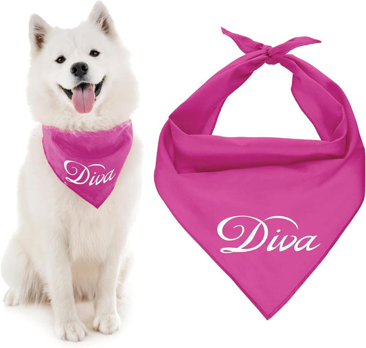 Dog Bandanas with Printed 'Diva' Word - Classy Tie-On Adjustable Girl Dog Bandana - Dog Scarf for Large Dogs - Washable Triangle Female Dog Bib - Pink Handkerchief for Pets - L