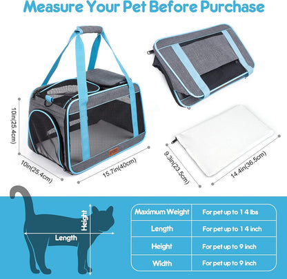 Cat Carrier Airline Approved Pet Carrier for Small Dogs, 4 Open Door Soft Sided Travel Carrier Bag for Puppies Kitty Rabbits with Foldable Bowl and Storage Pockets