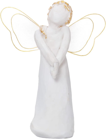 Small Standing Angel Resin Figurine Shying Angel Hand-Painted Figure Sculpted Wings Angel Statue, 5.1”H