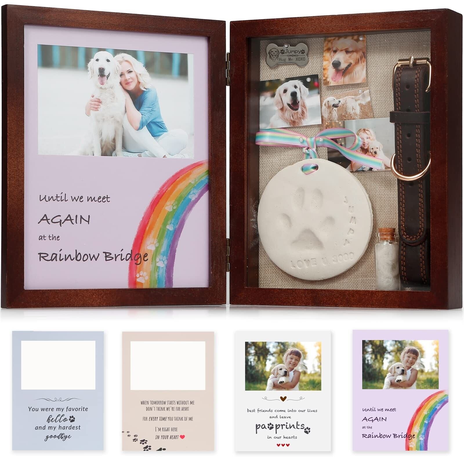 Jupdec Dog Memorial Gifts Pet Shadow Box Wooden Picture Frame with Clay Paw P...