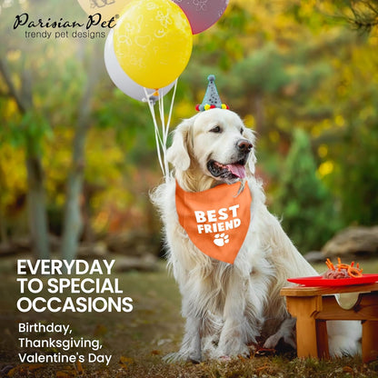 Unisex Dog Bandanas with Printed 'Best Friend' Words - Tie-On Adjustable Polyester Dog Scarf for Small Dogs - Washable Triangle Dog Bib - Orange Handkerchief for Pets - S