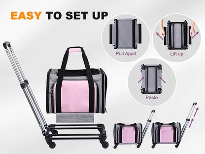 Rolling Pet Carrier with Wheels, Foldable Airline Approved Dog Carriers for Small Dogs and Cats, Cat Carrier on Wheels, Pet Travel Carrier for Flight Camping Outdoor