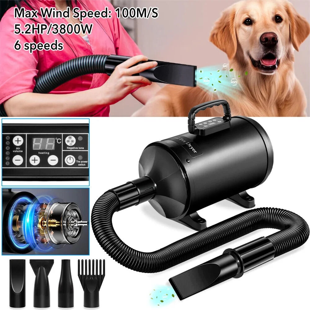 Dog-Hair-Dryer, 5.2HP/ 3800W High Velocity Pet Blow Dryer with Heater for Grooming, Speed Temperature Adjustable Dog Blower Grooming Dryer with 4 Nozzles