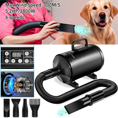 Dog-Hair-Dryer, 5.2HP/ 3800W High Velocity Pet Blow Dryer with Heater for Grooming, Speed Temperature Adjustable Dog Blower Grooming Dryer with 4 Nozzles