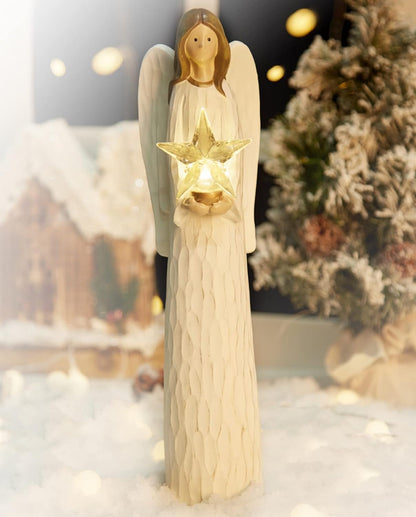 Christmas Angels Figurines Holding LED Light Crystal Star, Light up Angel Statues and Figurines for Christmas Table Decor, Holiday, Polyresin 13.7 Inch