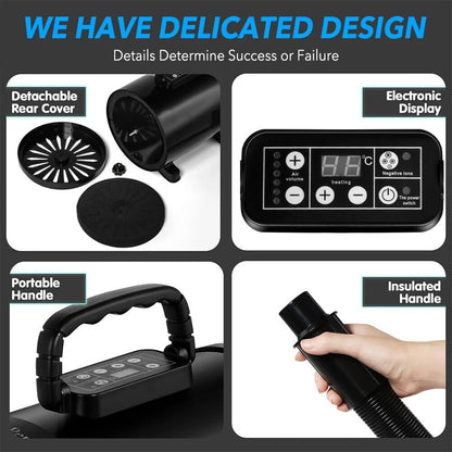 Dog-Hair-Dryer, 5.2HP/ 3800W High Velocity Pet Blow Dryer with Heater for Grooming, Speed Temperature Adjustable Dog Blower Grooming Dryer with 4 Nozzles