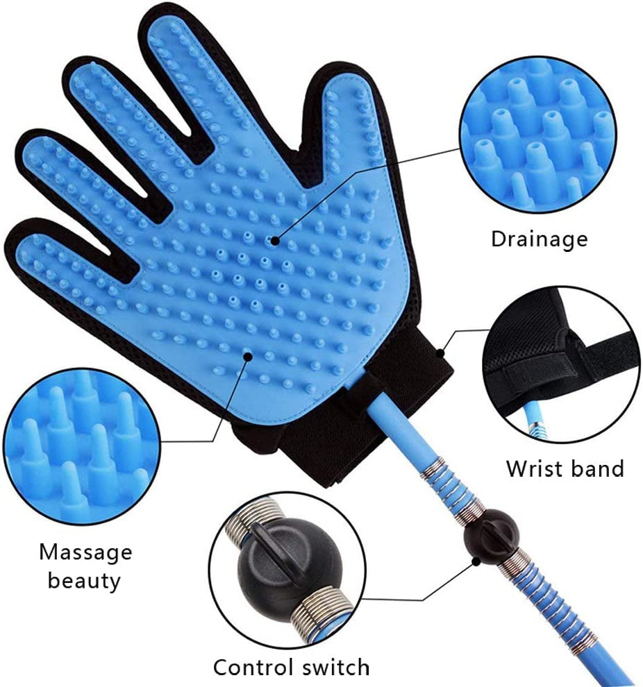 Pet Bathing Tool Dog Bathing Massaging Glove, Pet Hair Remover for Dog Bath with 3 Adapters Compatible Shower Bath Tub, Outdoor Garden (Blue, 8.2Feet/2.5M)