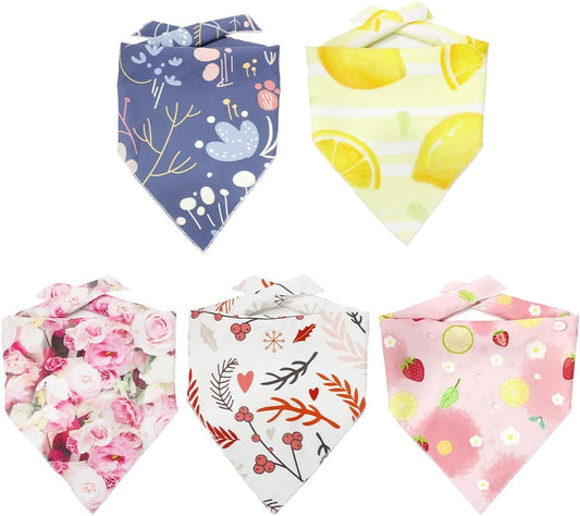 Dog Bandanas 5PCS Birthday Gift Washable Dog Bib Kerchief Scarf Adjustable Accessories Plaid Flowers Printing Triangle Bibs for Girl or Boy Small Medium Large Dogs Puppy Cat (Flower Style)