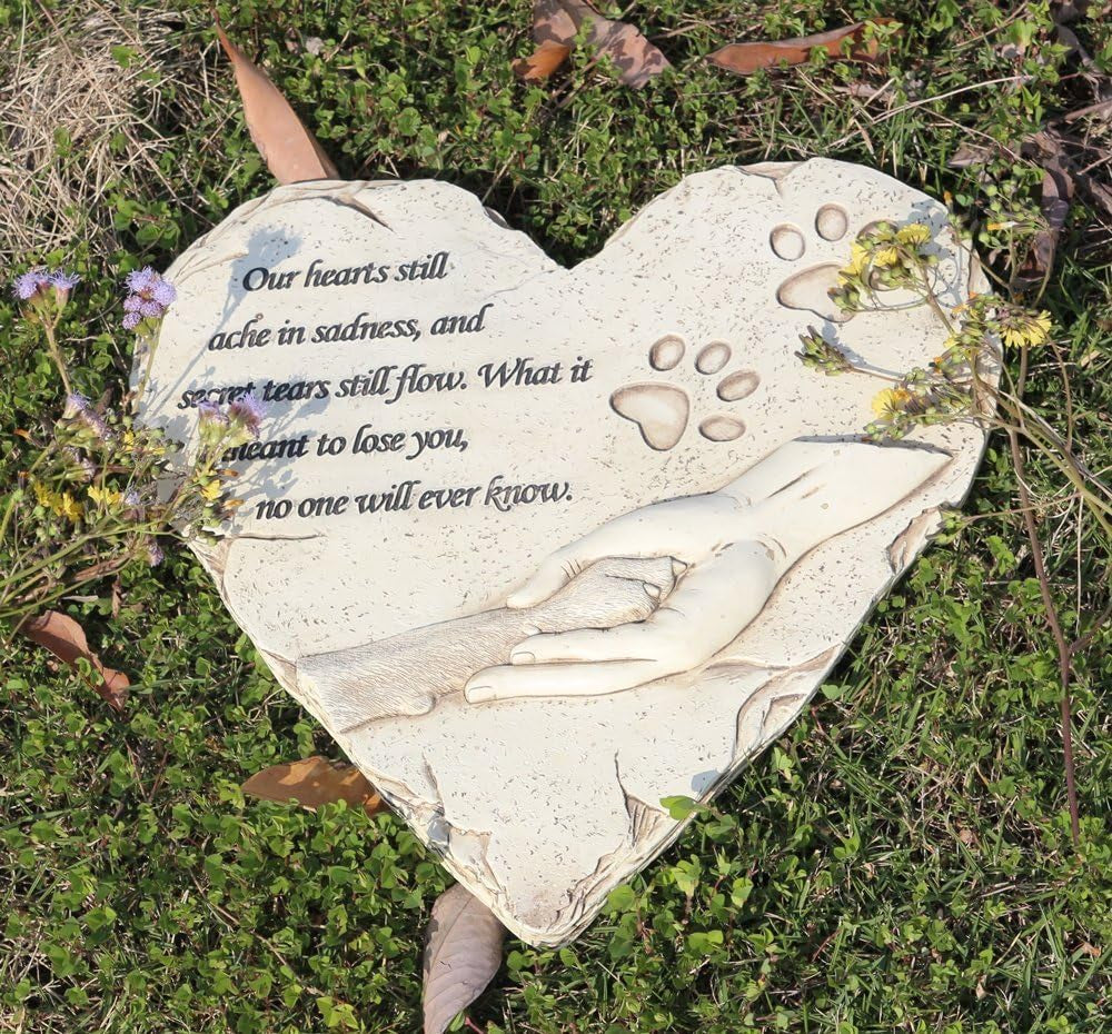 New York Dog Pet Memorial Stones, Hand-Painted Heart-Shaped Loss of Pet Dog Memorial Gifts with Sympathy Poem and Paw in Hand Design, (White)