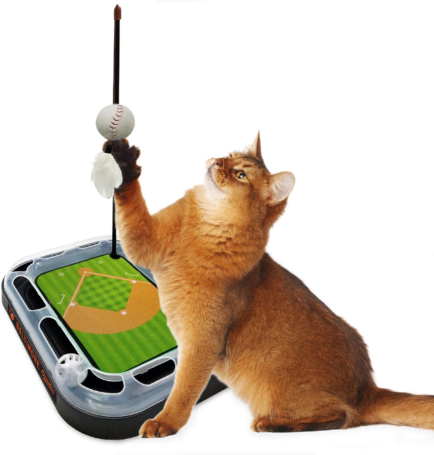 Cat Scratching Toy MLB BALTIMORE ORIOLES Baseball Field Cat Scratcher Toy with Interactive Cat Ball Bell in Tracks. 5-In-1 CAT TOY: Cat Wand Poll with CATNIP FILLED Plush Baseball & Feathers.