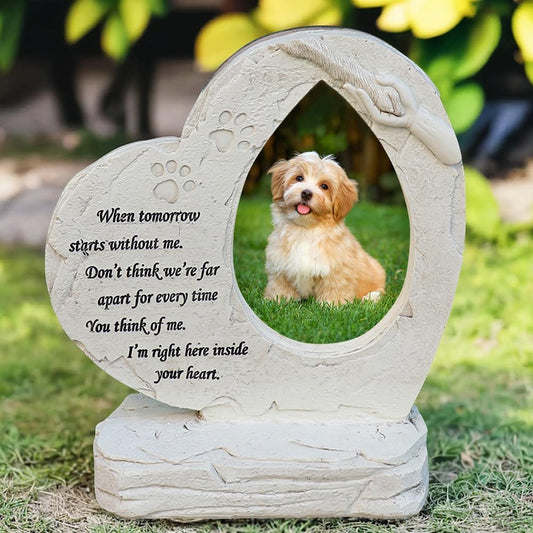Heart Shaped Pet Dog Memorial Stones with Photo Frame, Pet Dog Garden Stones Grave Markers Headstones Sympaty Memorial Gifts Loss Gifts Outdoor or Indoor
