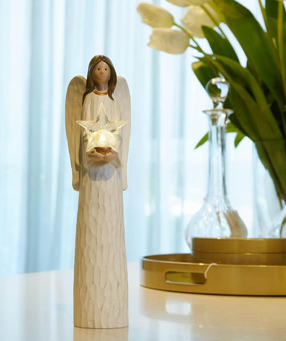 Christmas Angels Figurines Holding LED Light Crystal Star, Light up Angel Statues and Figurines for Christmas Table Decor, Holiday, Polyresin 13.7 Inch