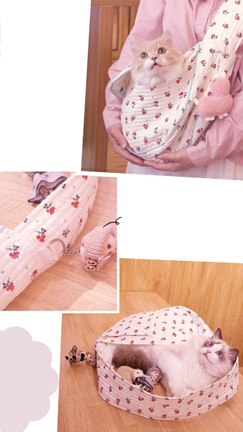 Pet Dog Cat Sling Carrier for Small Medium Dogs Cats Cute Flower Pattern Breathable Cotton Puppy Travel Bag Backpack with Pocket Pet Tote for Outdoor Travel Car Bag White