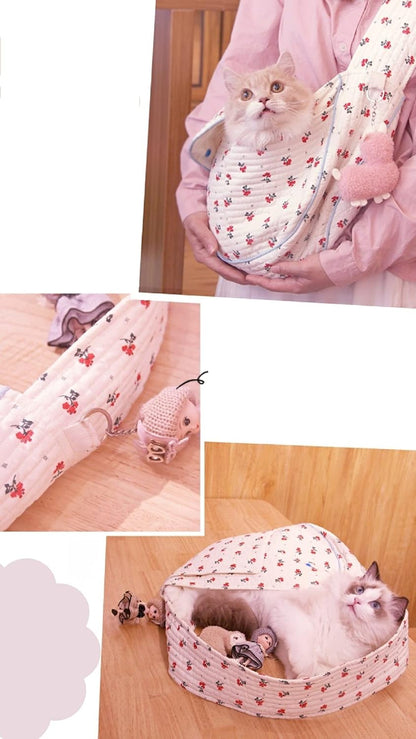Pet Dog Cat Sling Carrier for Small Medium Dogs Cats Cute Flower Pattern Breathable Cotton Puppy Travel Bag Backpack with Pocket Pet Tote for Outdoor Travel Car Bag White