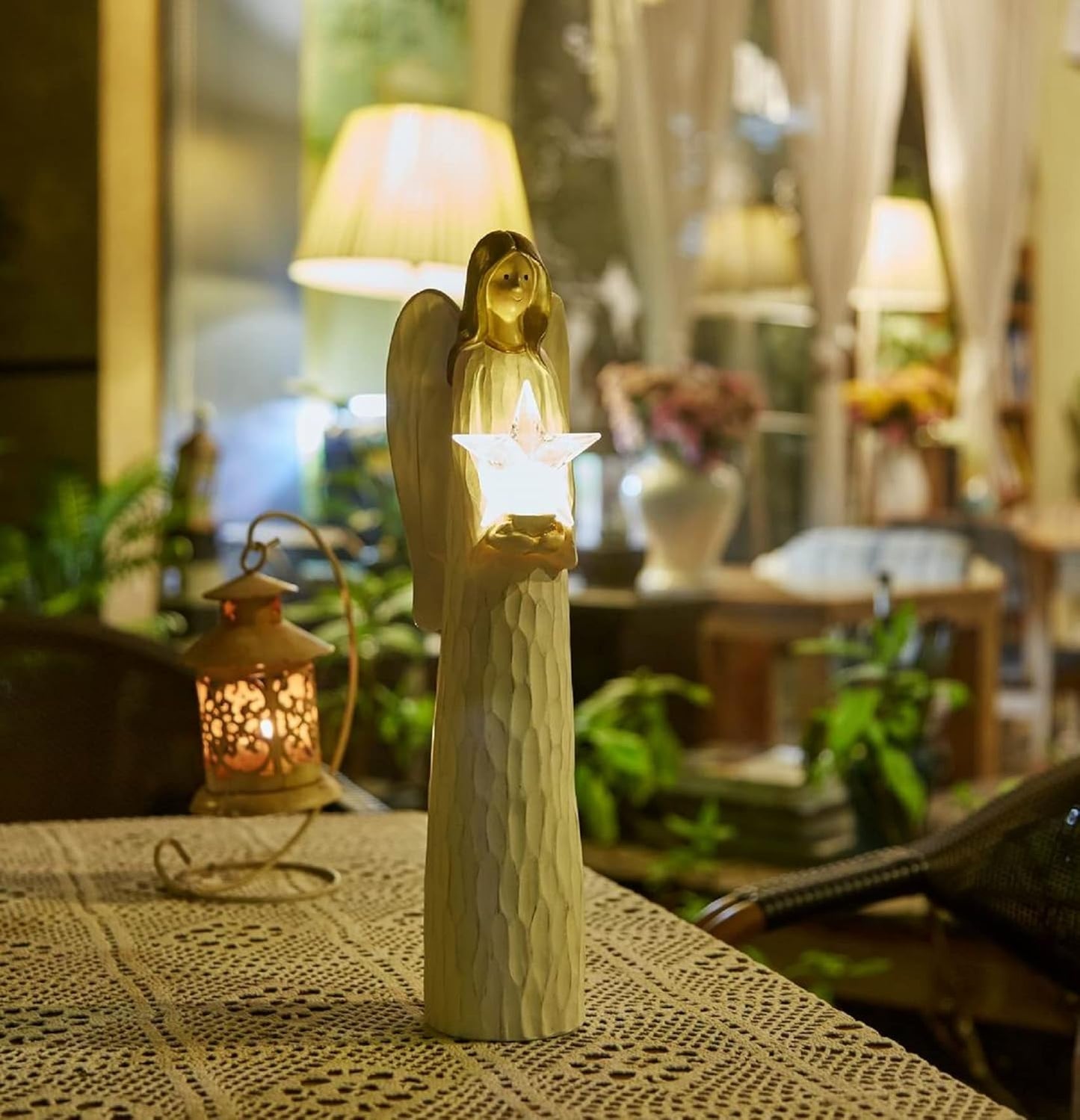 Christmas Angels Figurines Holding LED Light Crystal Star, Light up Angel Statues and Figurines for Christmas Table Decor, Holiday, Polyresin 13.7 Inch