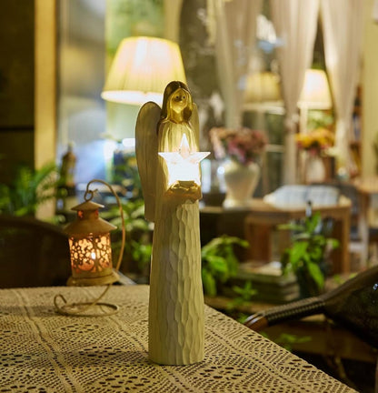 Christmas Angels Figurines Holding LED Light Crystal Star, Light up Angel Statues and Figurines for Christmas Table Decor, Holiday, Polyresin 13.7 Inch