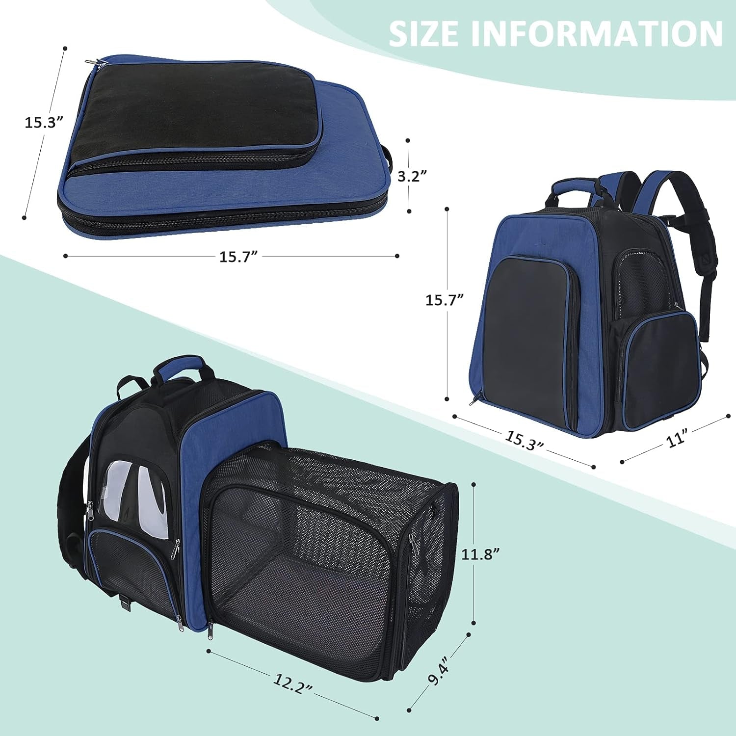 Pet Carrier Backpack, Airline Approved Cat Backpack, Carrier with Safety Strap and Zipper Buckle, Expandable with Breathable Mesh for Rabbits Puppies, Hold up to 20 Lbs