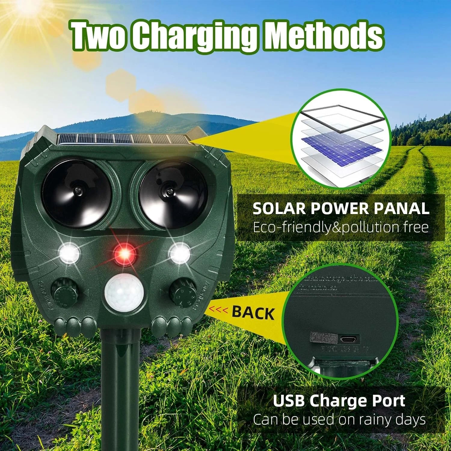 Solar Powered Ultrasonic Pet Repellent with 1 X Solar Animal Repeller