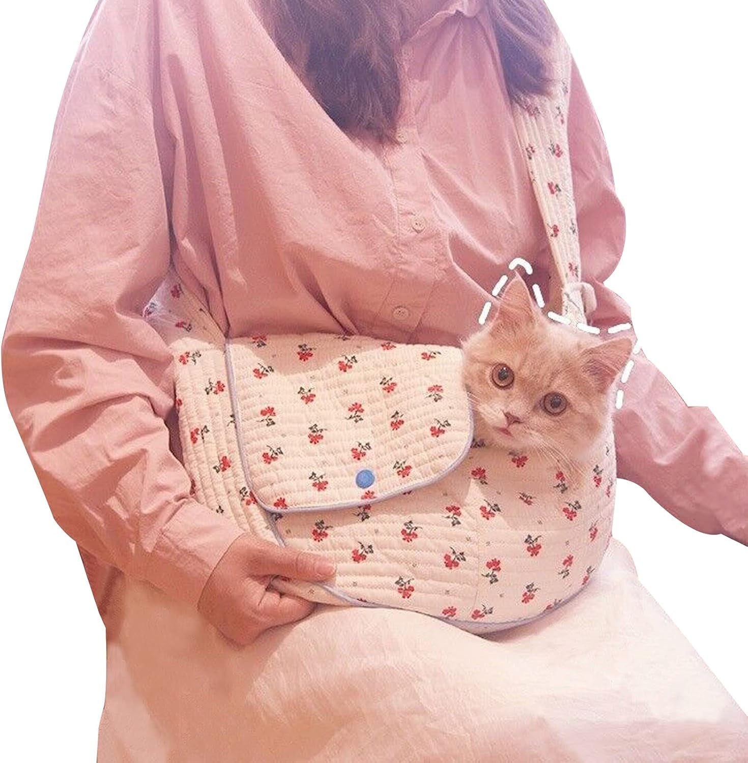 Pet Dog Cat Sling Carrier for Small Medium Dogs Cats Cute Flower Pattern Breathable Cotton Puppy Travel Bag Backpack with Pocket Pet Tote for Outdoor Travel Car Bag White