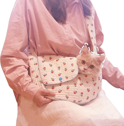 Pet Dog Cat Sling Carrier for Small Medium Dogs Cats Cute Flower Pattern Breathable Cotton Puppy Travel Bag Backpack with Pocket Pet Tote for Outdoor Travel Car Bag White