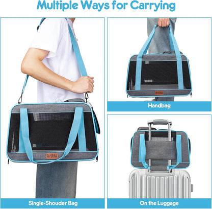 Cat Carrier Airline Approved Pet Carrier for Small Dogs, 4 Open Door Soft Sided Travel Carrier Bag for Puppies Kitty Rabbits with Foldable Bowl and Storage Pockets