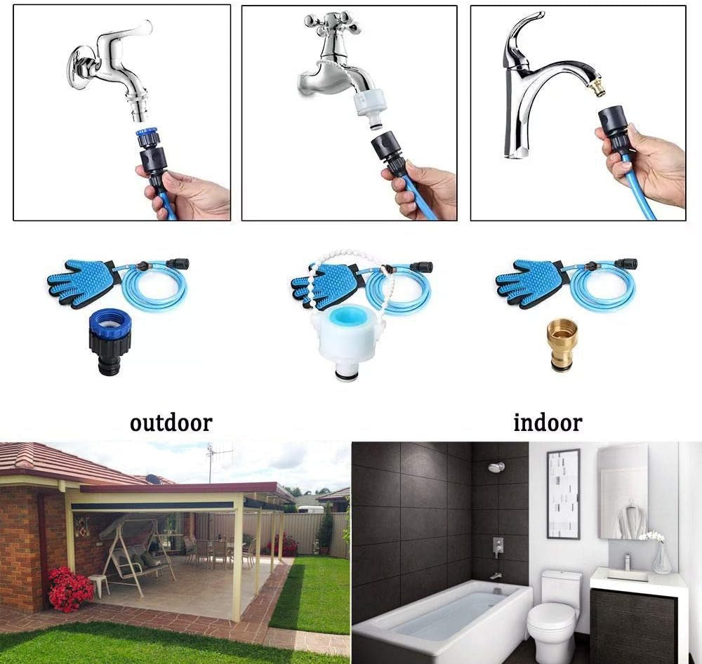 Pet Bathing Tool Dog Bathing Massaging Glove, Pet Hair Remover for Dog Bath with 3 Adapters Compatible Shower Bath Tub, Outdoor Garden (Blue, 8.2Feet/2.5M)