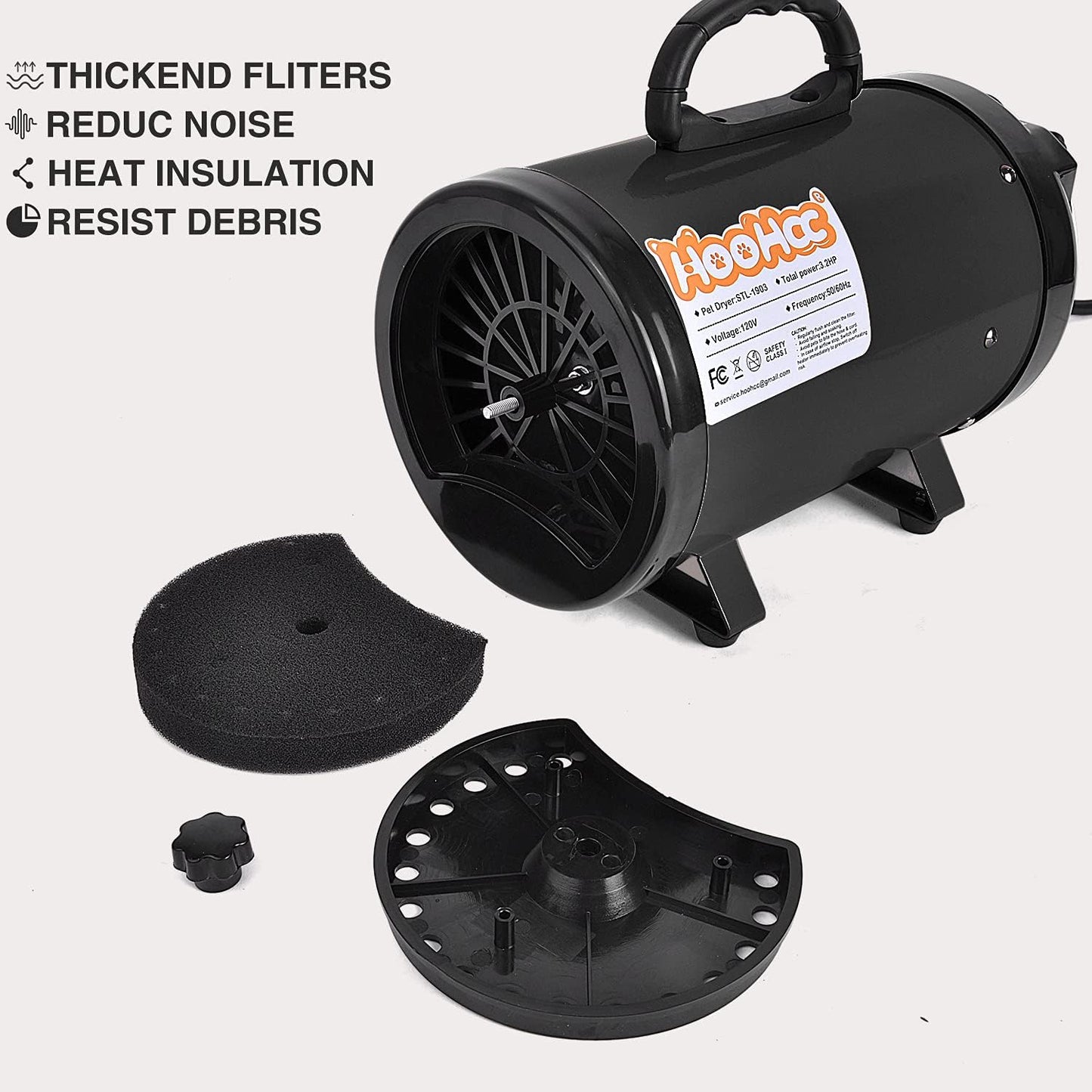 Dog Dryer, High Velocity Dog Hair Dryer, Dog Blow Dryer - Groomer Partner Pet Blower Grooming Force Dryer with Heater, Stepless Adjustable Speed, 4 Different Nozzles, Comb & Pet Grooming Glove (Black)